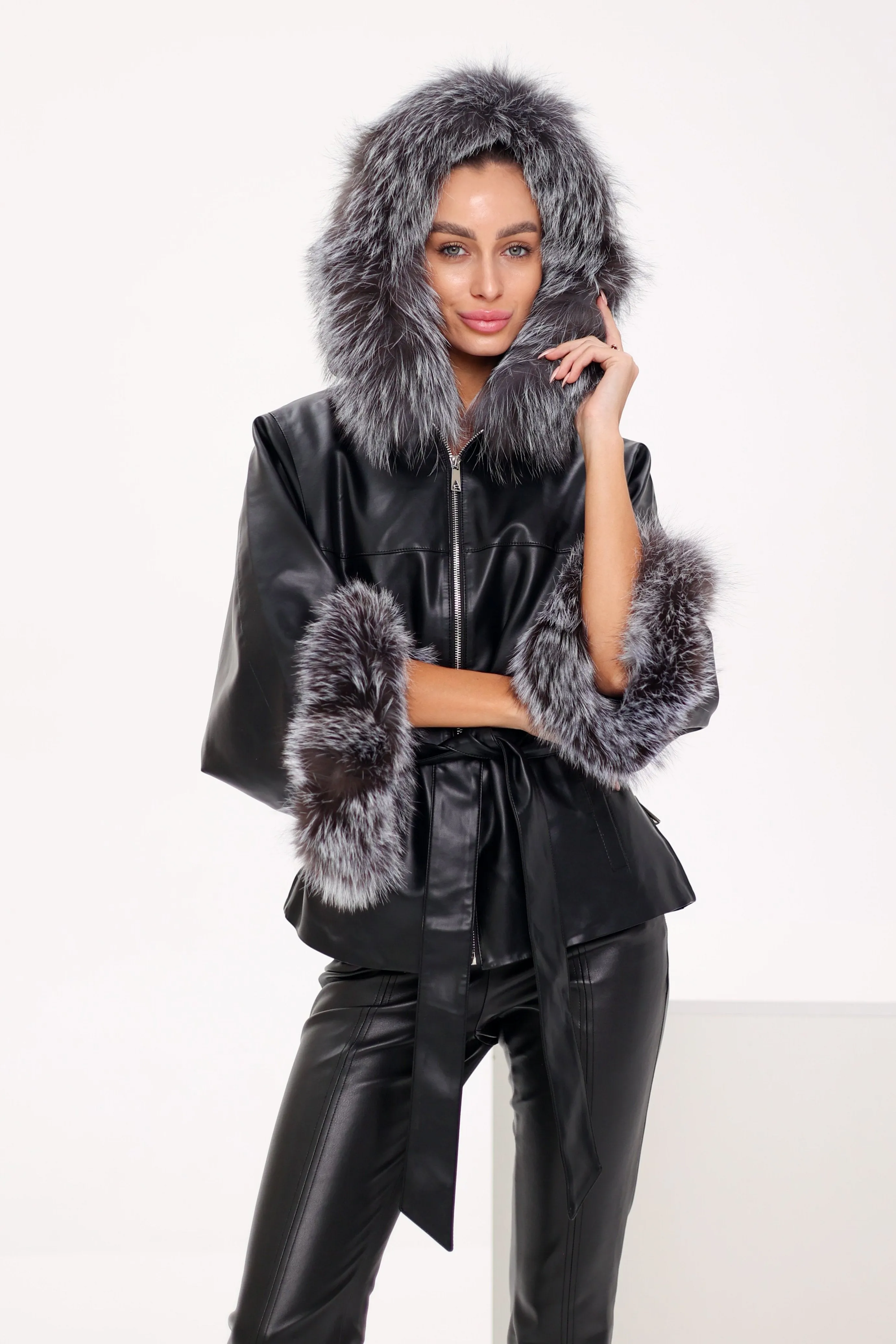 Pre-Order. Ships November 29, Genuine Silver Fox Eco-Leather Coat with Sleeve Extenders