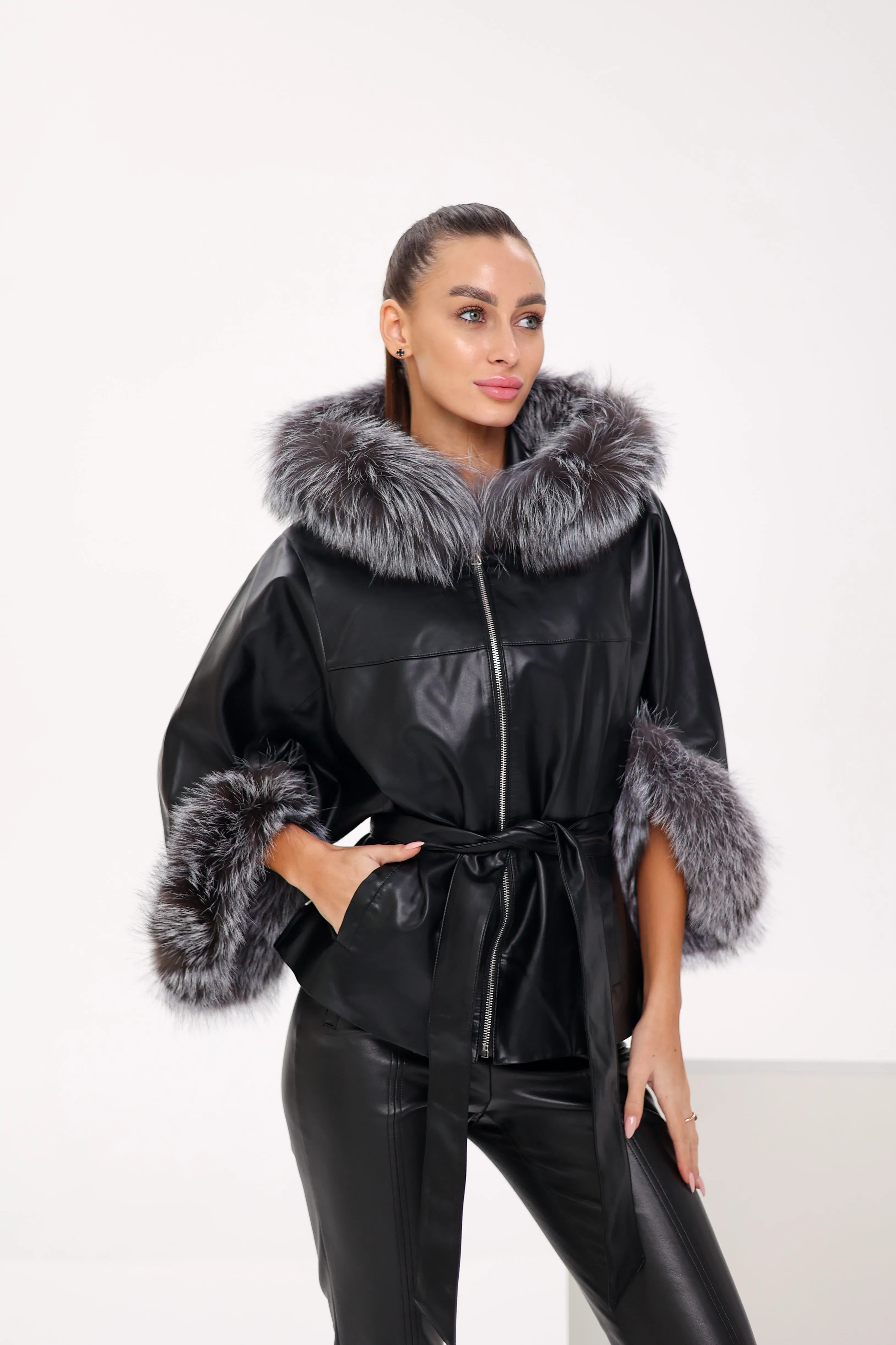 Pre-Order. Ships November 29, Genuine Silver Fox Eco-Leather Coat with Sleeve Extenders